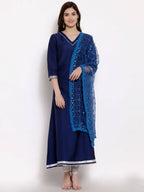 Myshka Women's Navy Blue Cotton 3/4 Sleeve V Neck Solid Casual Anarkali Kurta Dupatta Set | Grab2Buy
