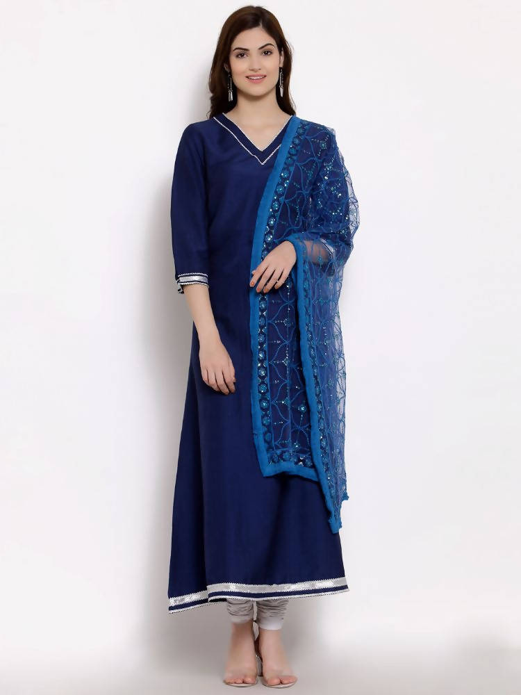 Myshka Women's Navy Blue Cotton 3/4 Sleeve V Neck Solid Casual Anarkali Kurta Dupatta Set | Grab2Buy