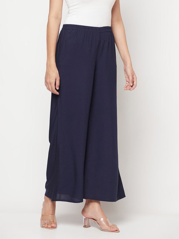 Aniyah Rayon Flared Slip-On Navy Blue Palazzo | Grab2Buy