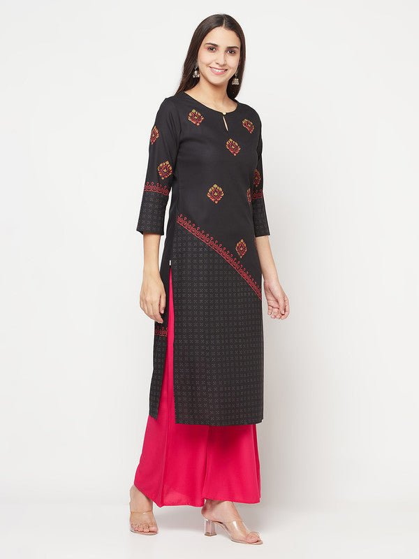 Aniyah Rayon Block Print Straight Kurta - Black | Grab2Buy