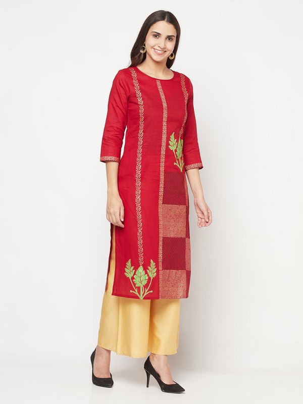 Aniyah Cotton Foil Print Maroon Straight Kurta | Grab2Buy