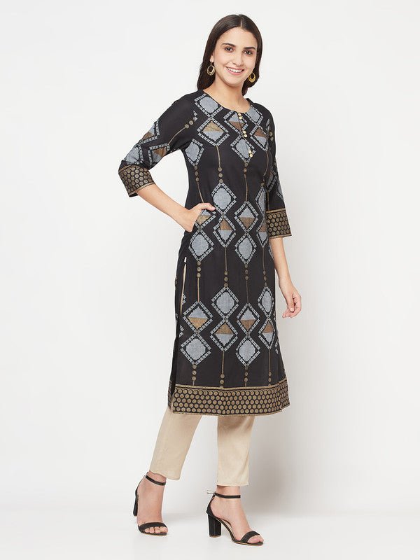 Aniyah Rayon Screen Print Black Straight Kurta | Grab2Buy