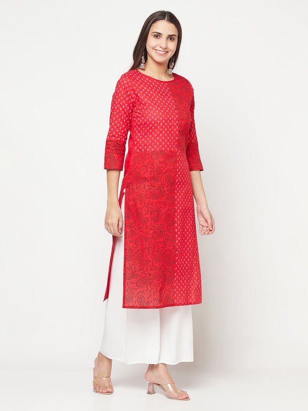 Aniyah Cotton Block Print Red Color Straight Kurta | Grab2Buy