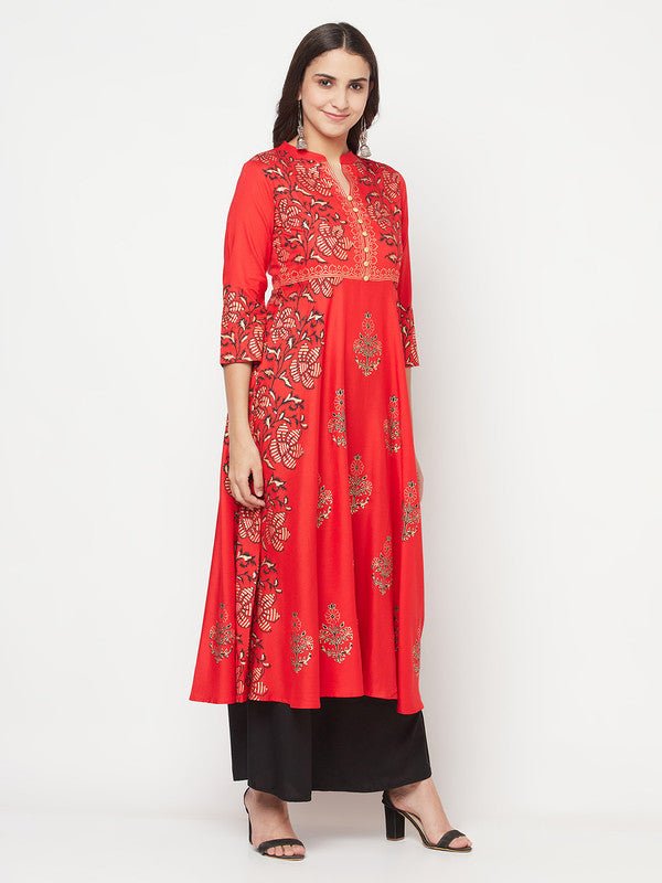 Aniyah Rayon Block Print Red Anarkali Kurta | Grab2Buy