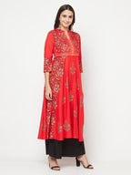 Aniyah Rayon Block Print Red Anarkali Kurta | Grab2Buy