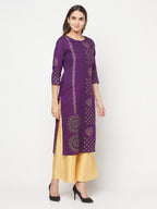 Aniyah Cotton Foil Print Purple Straight Kurta | Grab2Buy