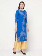 Aniyah Cotton Foil Print Royal Blue Straight Kurta | Grab2Buy