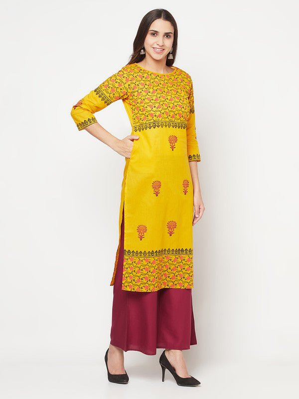 Aniyah Mustard Cotton Block Print Straight Kurta | Grab2Buy