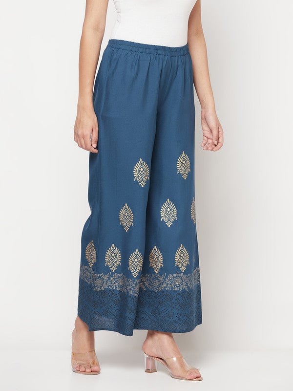 Aniyah Rayon Block Print Flared Slip-on Blue Palazzo | Grab2Buy