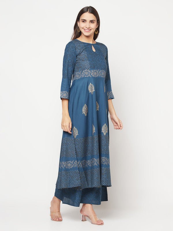 Aniyah Rayon Block Print Blue Anarkali Palazzo Set | Grab2Buy