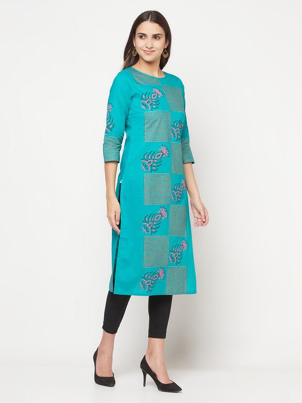 Aniyah Cotton Block Print Turquoise Straight Kurta | Grab2Buy