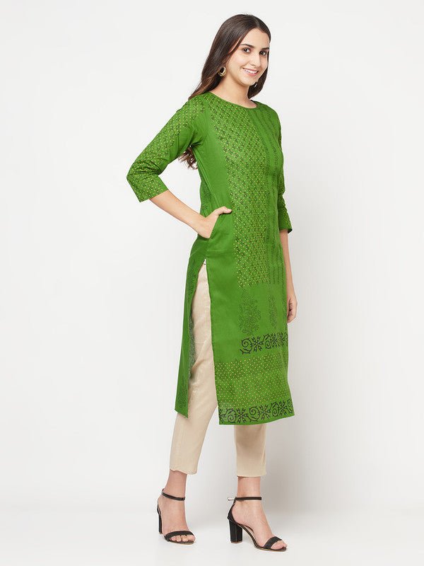 Aniyah Green Cotton Block print straight kurta | Grab2Buy
