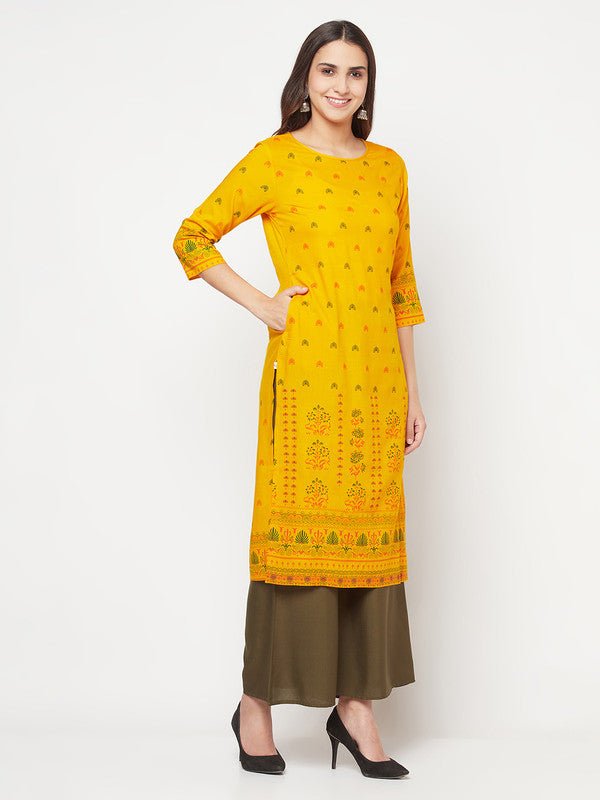 Aniyah Rayon Screen Print Mustard Straight Kurta | Grab2Buy