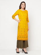 Aniyah Rayon Screen Print Mustard Straight Kurta | Grab2Buy