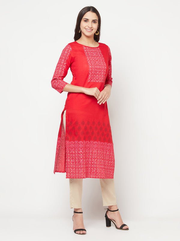 Aniyah Cotton Block Print Red Straight Kurta | Grab2Buy