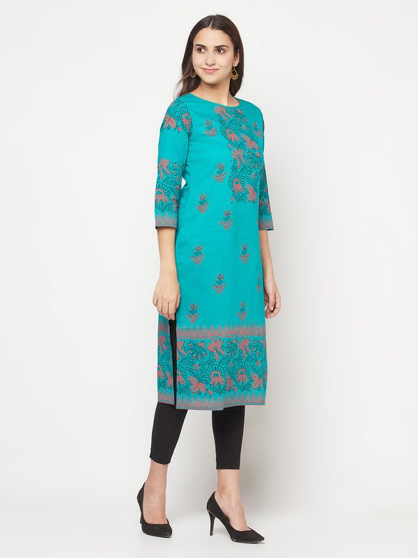 Aniyah Turquoise Cotton Block Print Straight Kurta | Grab2Buy