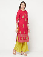 Aniyah Cotton Block Print Fuchsia Color Straight Kurta | Grab2Buy