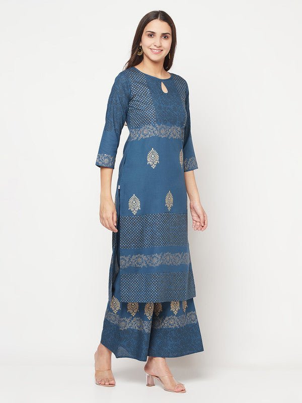 Aniyah Rayon Block Print Blue Straight Kurta Palazzo Set | Grab2Buy