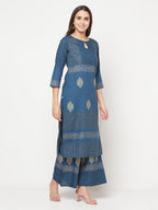 Aniyah Rayon Block Print Blue Straight Kurta Palazzo Set | Grab2Buy