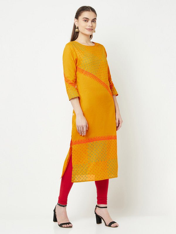 Aniyah Cotton Block Print Mustard Color Straight Kurta | Grab2Buy