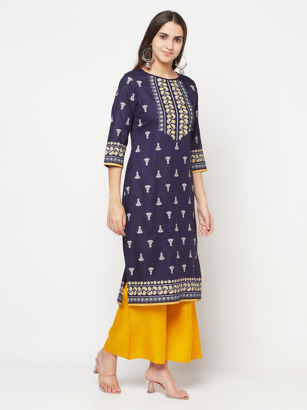 Aniyah Rayon Screen Print Navy Blue Straight Kurta | Grab2Buy