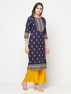 Aniyah Rayon Screen Print Navy Blue Straight Kurta | Grab2Buy