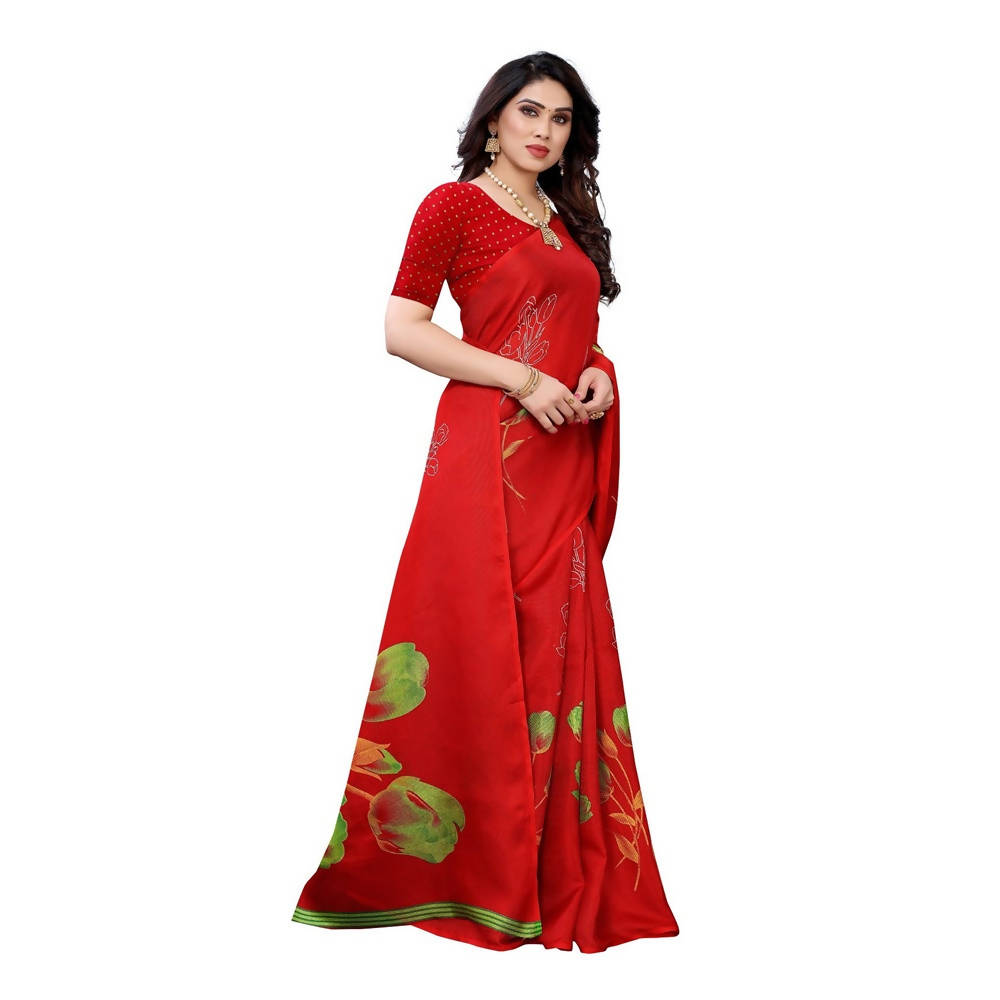 Vamika Printed Jute Silk Red Saree (Elisa Red) | Grab2Buy