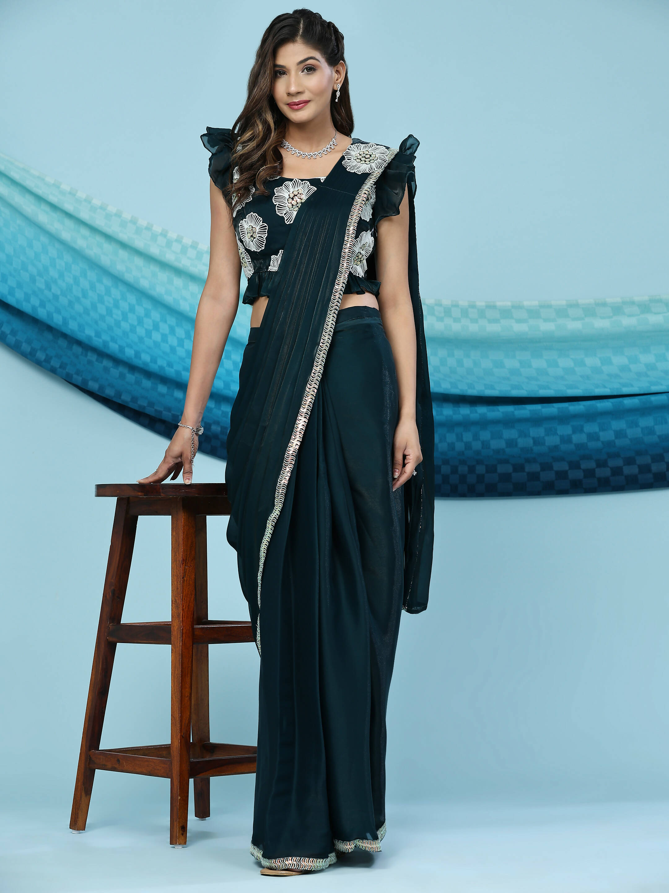 Green Silk Satin Sequence Work Ready to Wear Saree with stitched Blouse - Nirvana | Grab2Buy