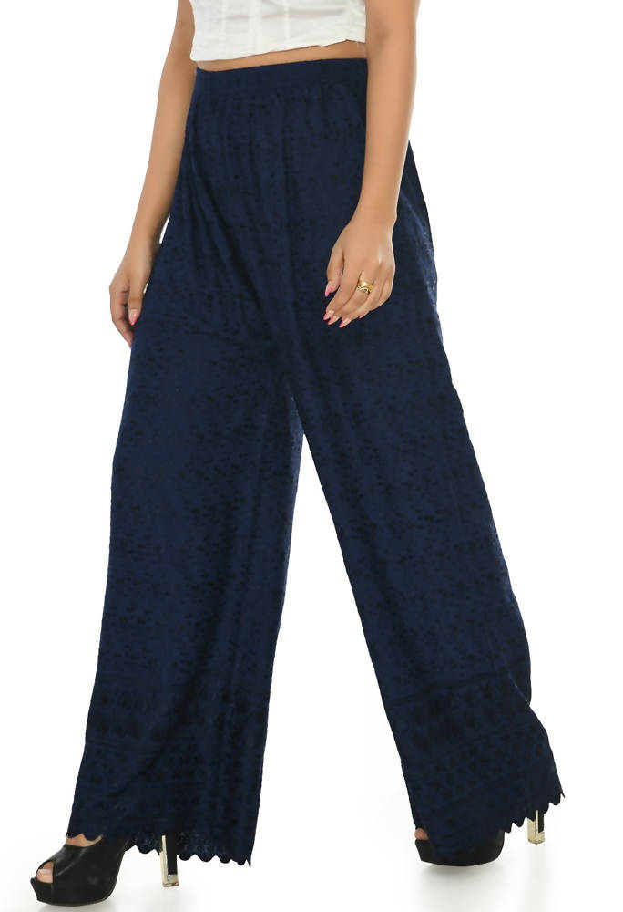 Mominos Fashion Moeza Reyon Cotton Navy Blue Chikan Work Palazzo | Grab2Buy