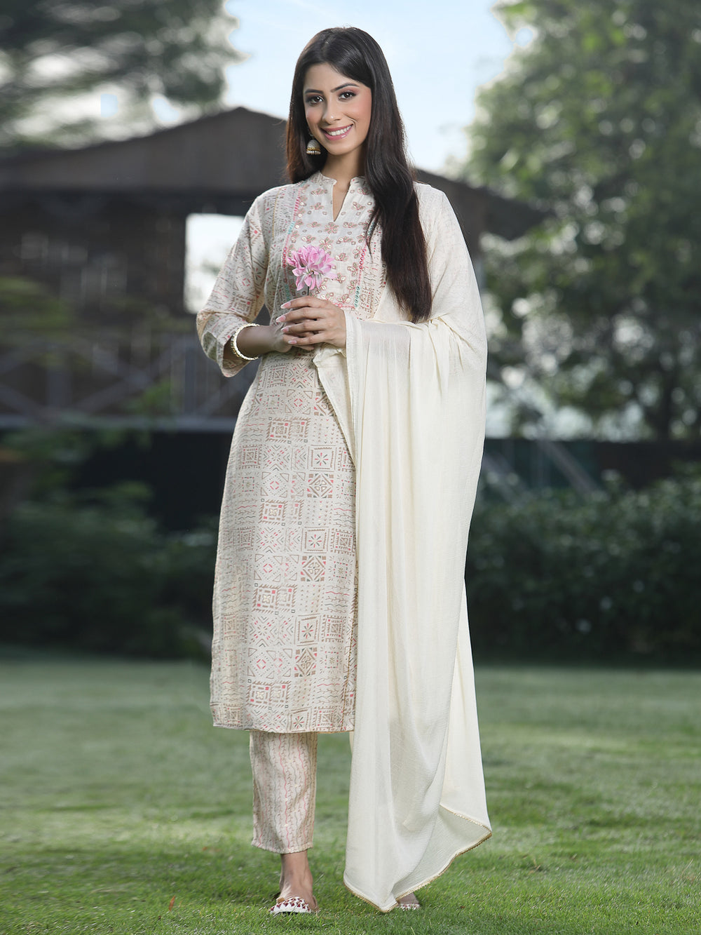 Juniper Off White Rayon Festive Printed Skd For Women | Grab2Buy