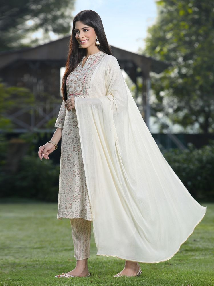 Juniper Off White Rayon Festive Printed Skd For Women | Grab2Buy