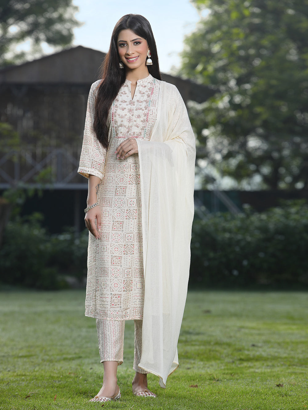 Juniper Off White Rayon Festive Printed Skd For Women | Grab2Buy