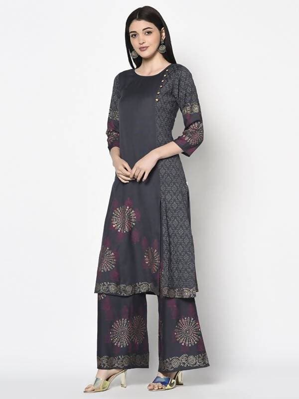 Aniyah Rayon Dark Grey Color Block Print Straight Kurta Palazzo Set (AN-202K) | Grab2Buy