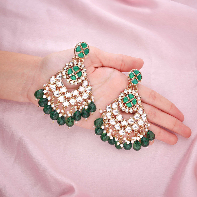 Tehzeeb Creations Gold Polish Kundan Green Colour Earrings | Grab2Buy