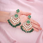 Tehzeeb Creations Gold Polish Kundan Green Colour Earrings | Grab2Buy