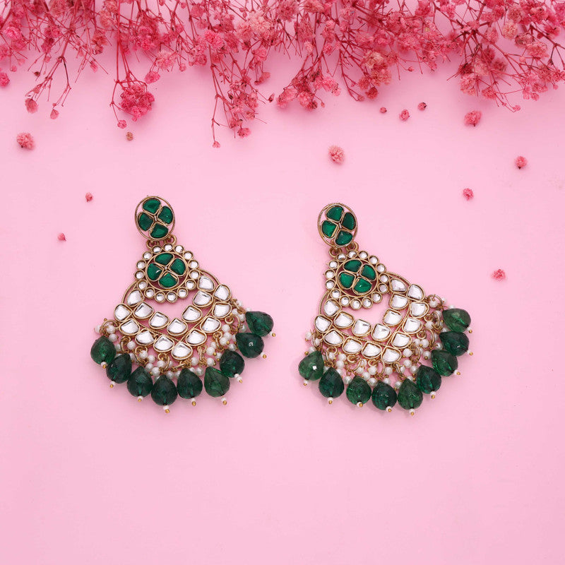 Tehzeeb Creations Gold Polish Kundan Green Colour Earrings | Grab2Buy