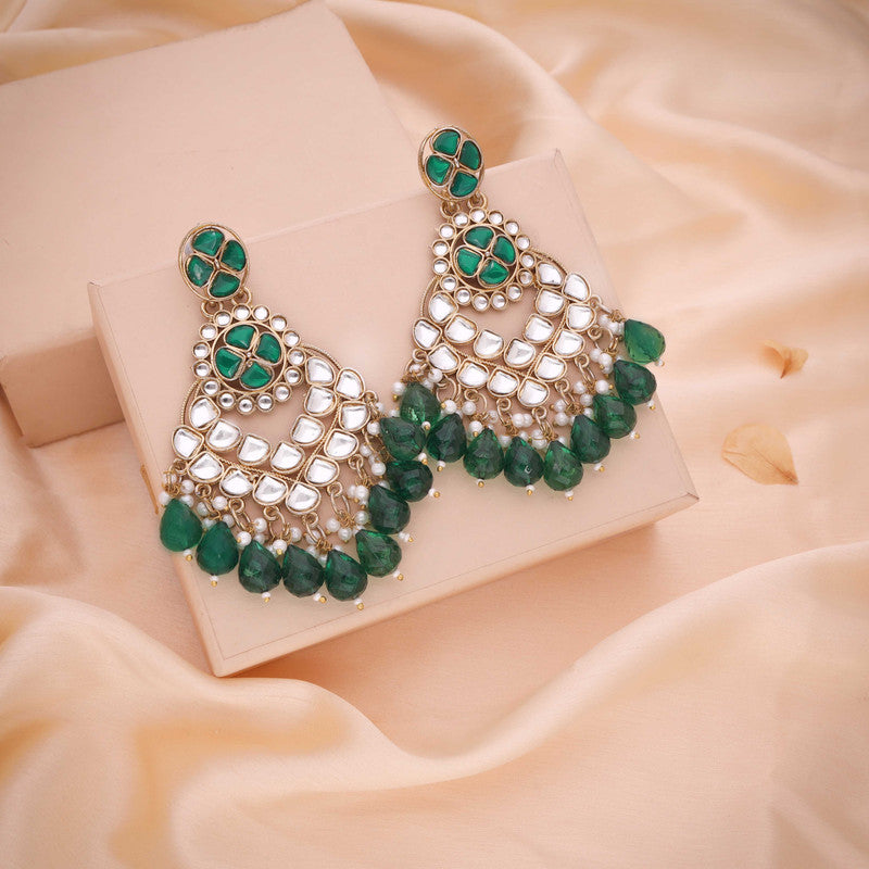 Tehzeeb Creations Gold Polish Kundan Green Colour Earrings | Grab2Buy