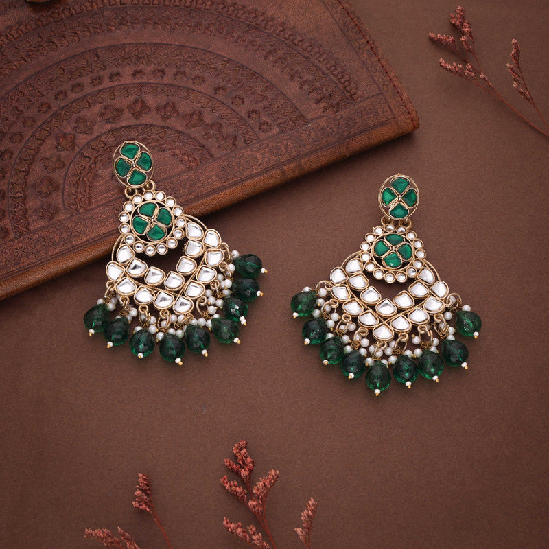 Tehzeeb Creations Gold Polish Kundan Green Colour Earrings | Grab2Buy