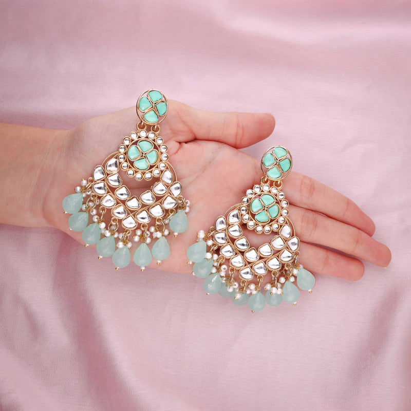 Tehzeeb Creations Gold Polish Kundan Sea Green Colour Earrings | Grab2Buy