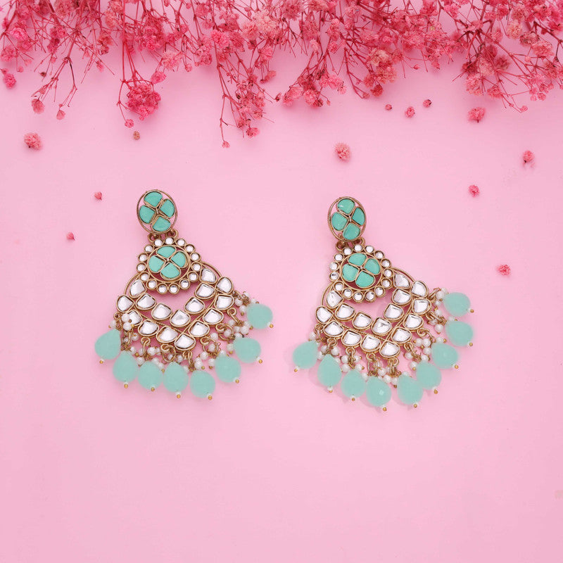 Tehzeeb Creations Gold Polish Kundan Sea Green Colour Earrings | Grab2Buy