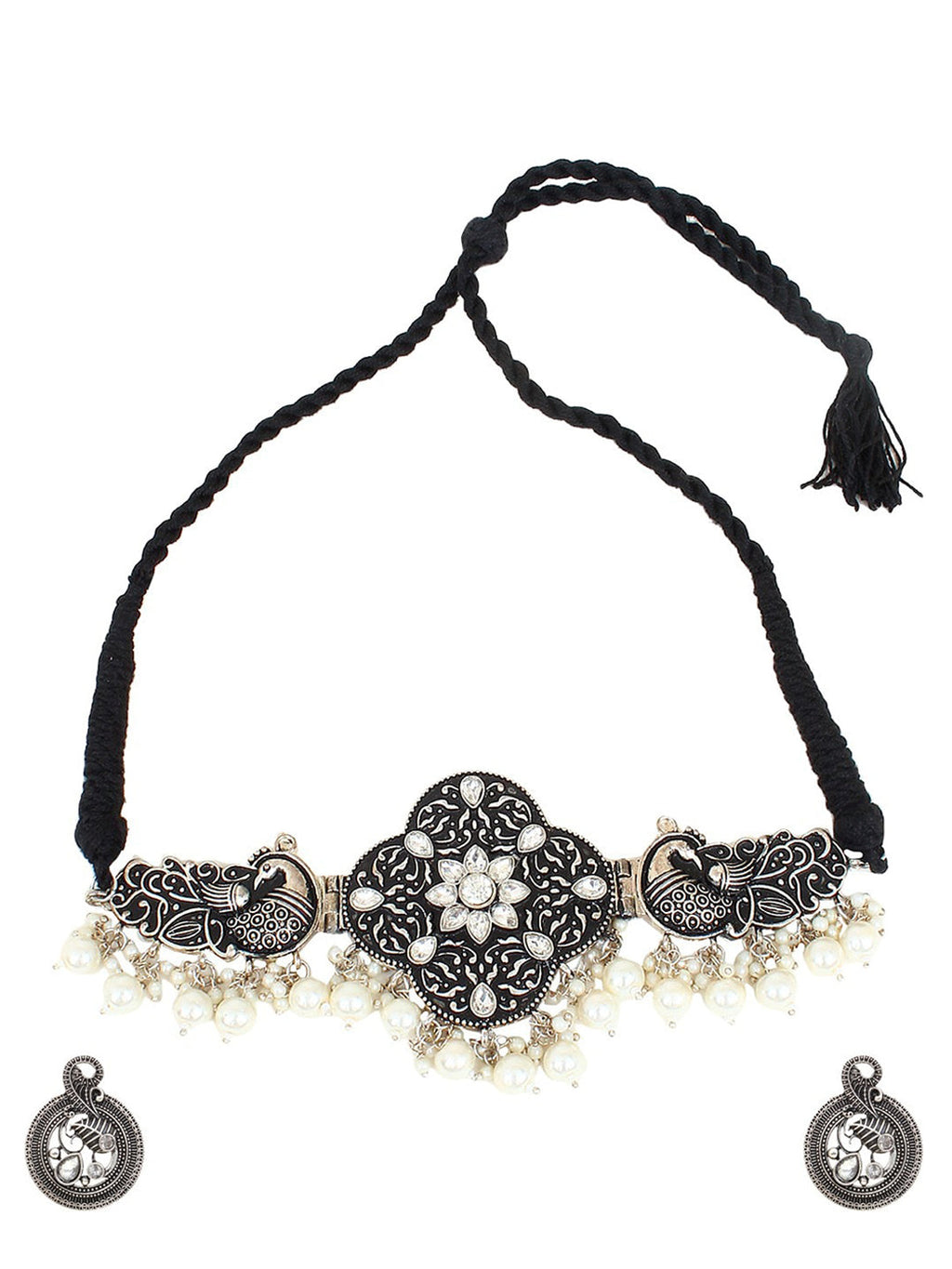 Cardinal Silver-Toned Black Colored Oxidized Choker Jewellery Set | Grab2Buy