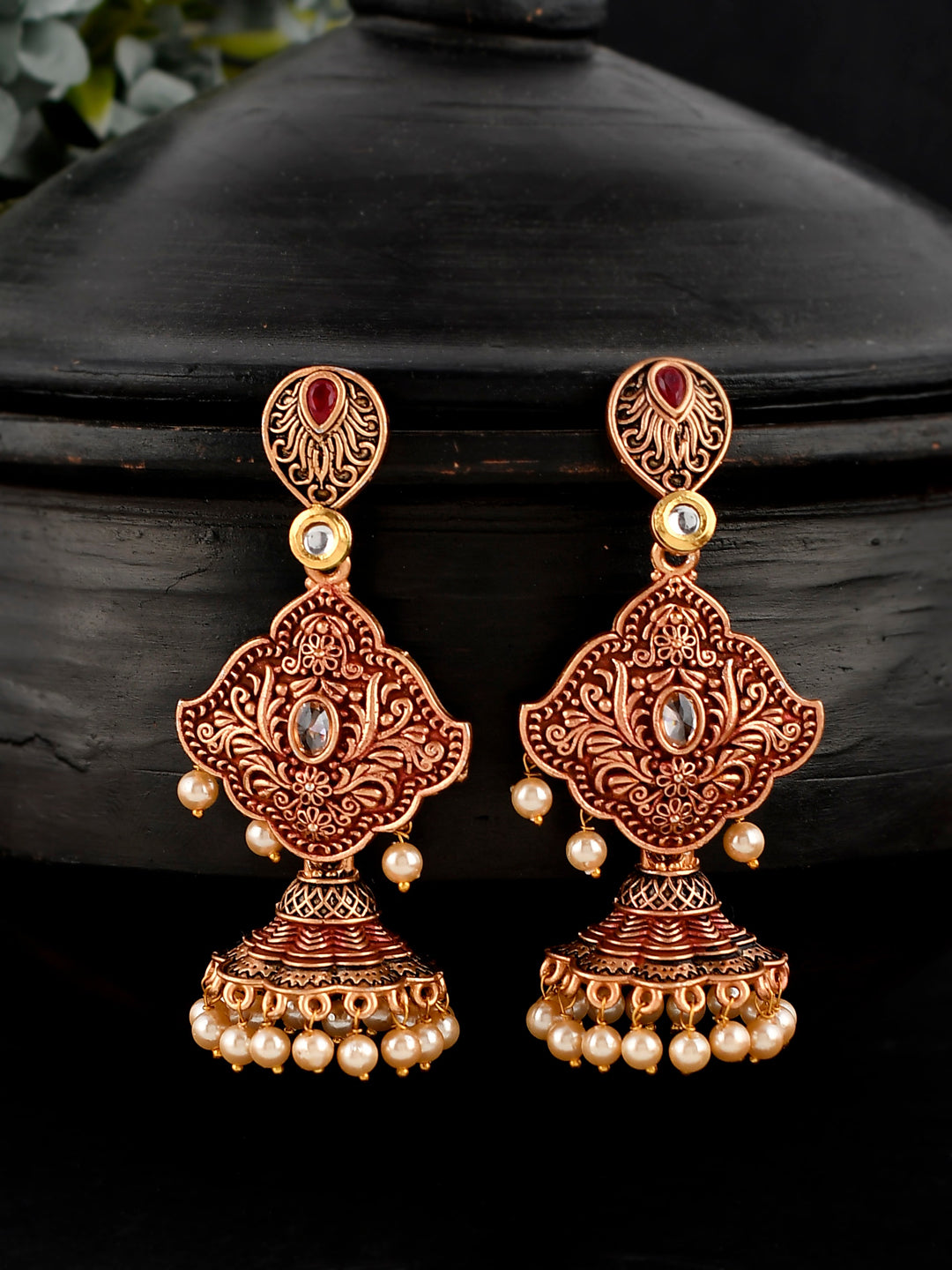 Shoshaa Maroon & Gold-Toned Contemporary Jhumkas Earrings | Grab2Buy