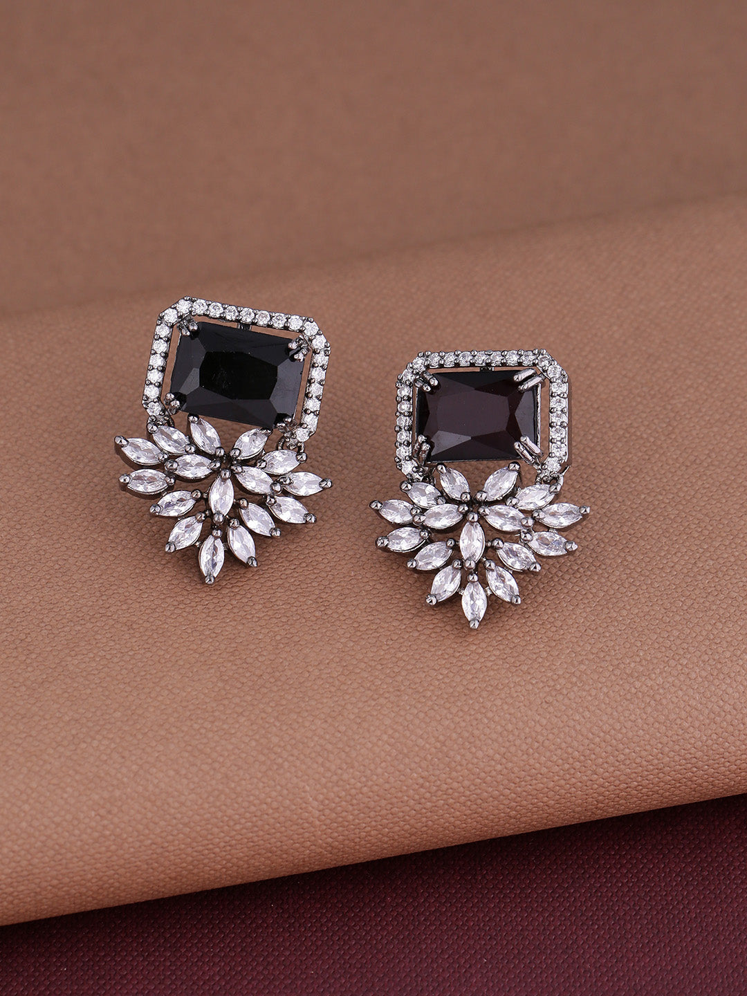 Shoshaa Silver-Plated & Black CZ Studded Contemporary Drop Earrings | Grab2Buy