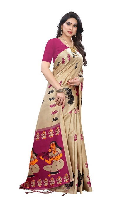 Vamika Brown and Pink Kalamkari Print With Jhalar Khadi Silk Saree (SHABRI WINE) | Grab2Buy