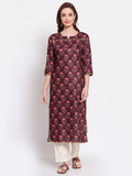 Myshka Women's Wine Printed Pashmeena 3/4 Sleeve Round Neck Casual Winter Kurta | Grab2Buy