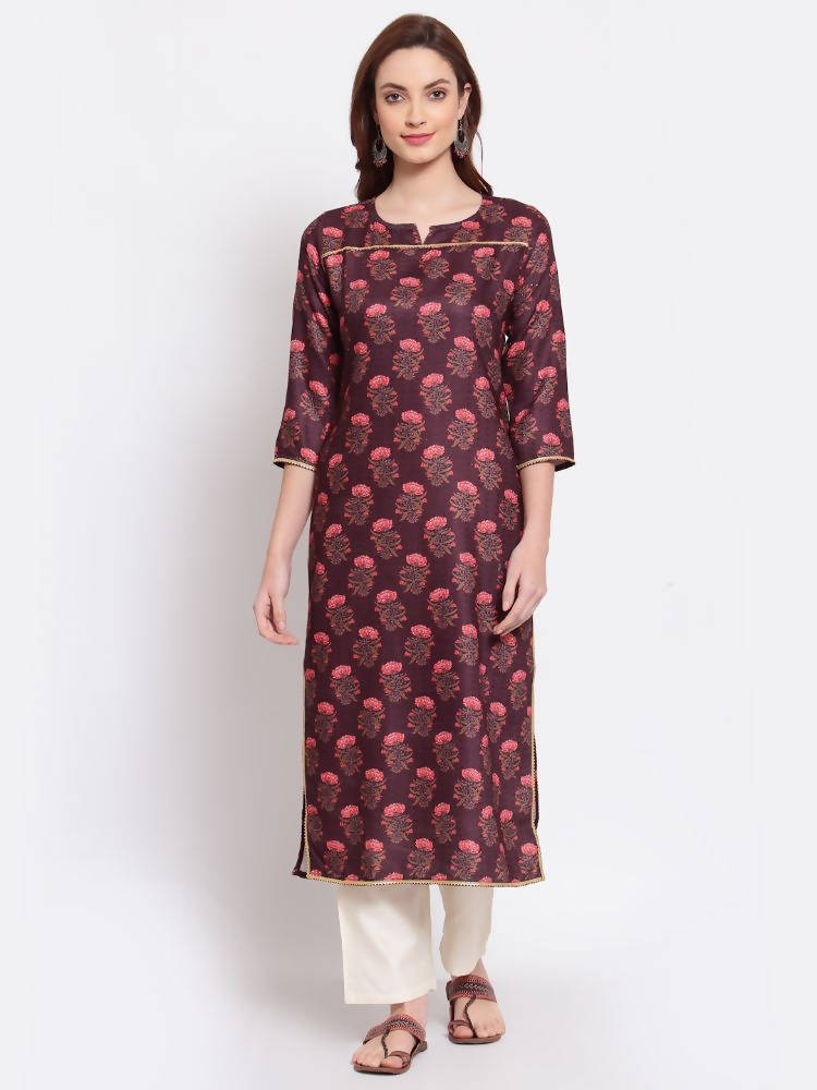 Myshka Women's Wine Printed Pashmeena 3/4 Sleeve Round Neck Casual Winter Kurta | Grab2Buy