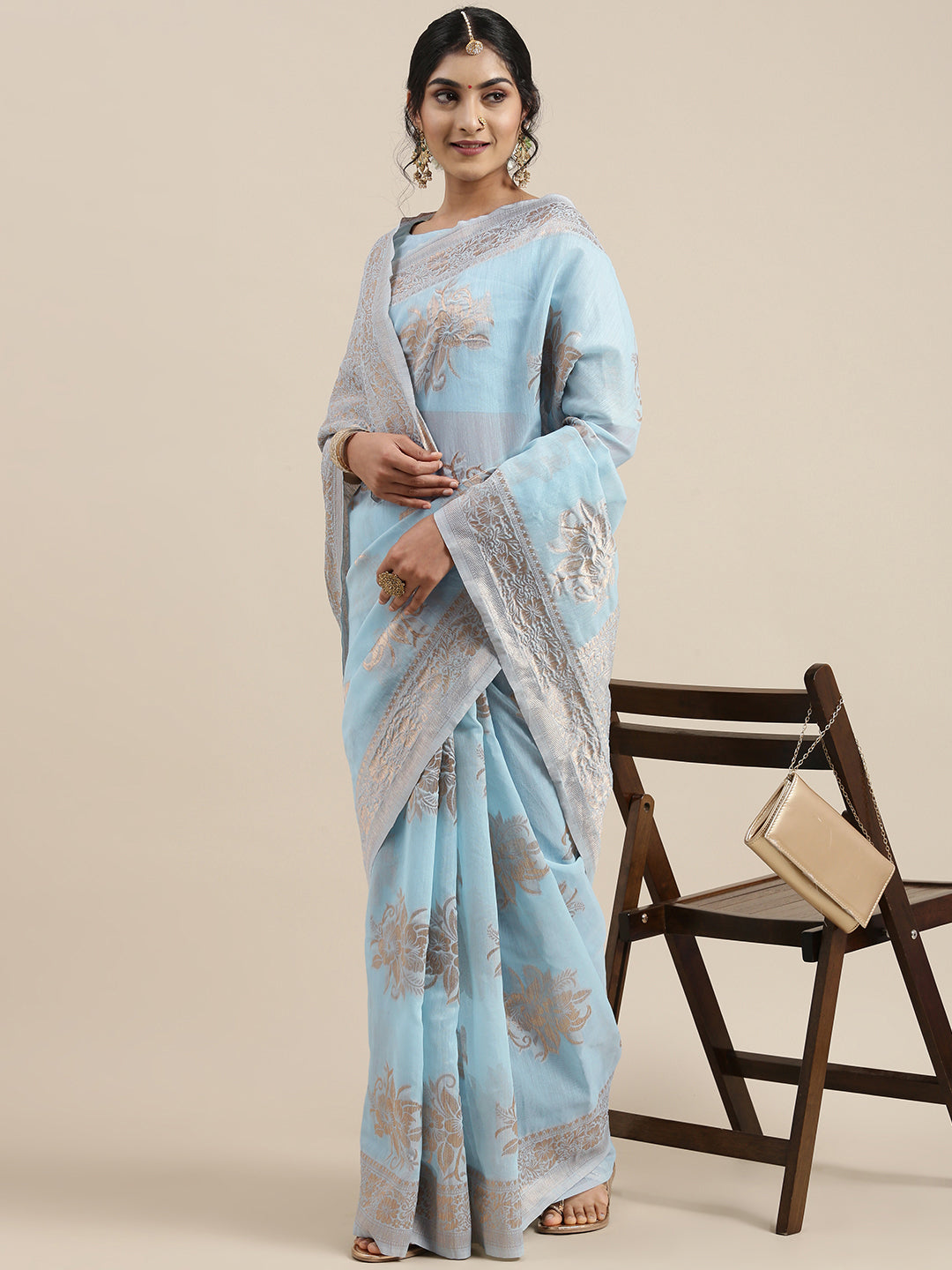 Saree Mall Turquoise Blue Floral Linen Blend Banarasi Saree | Grab2Buy