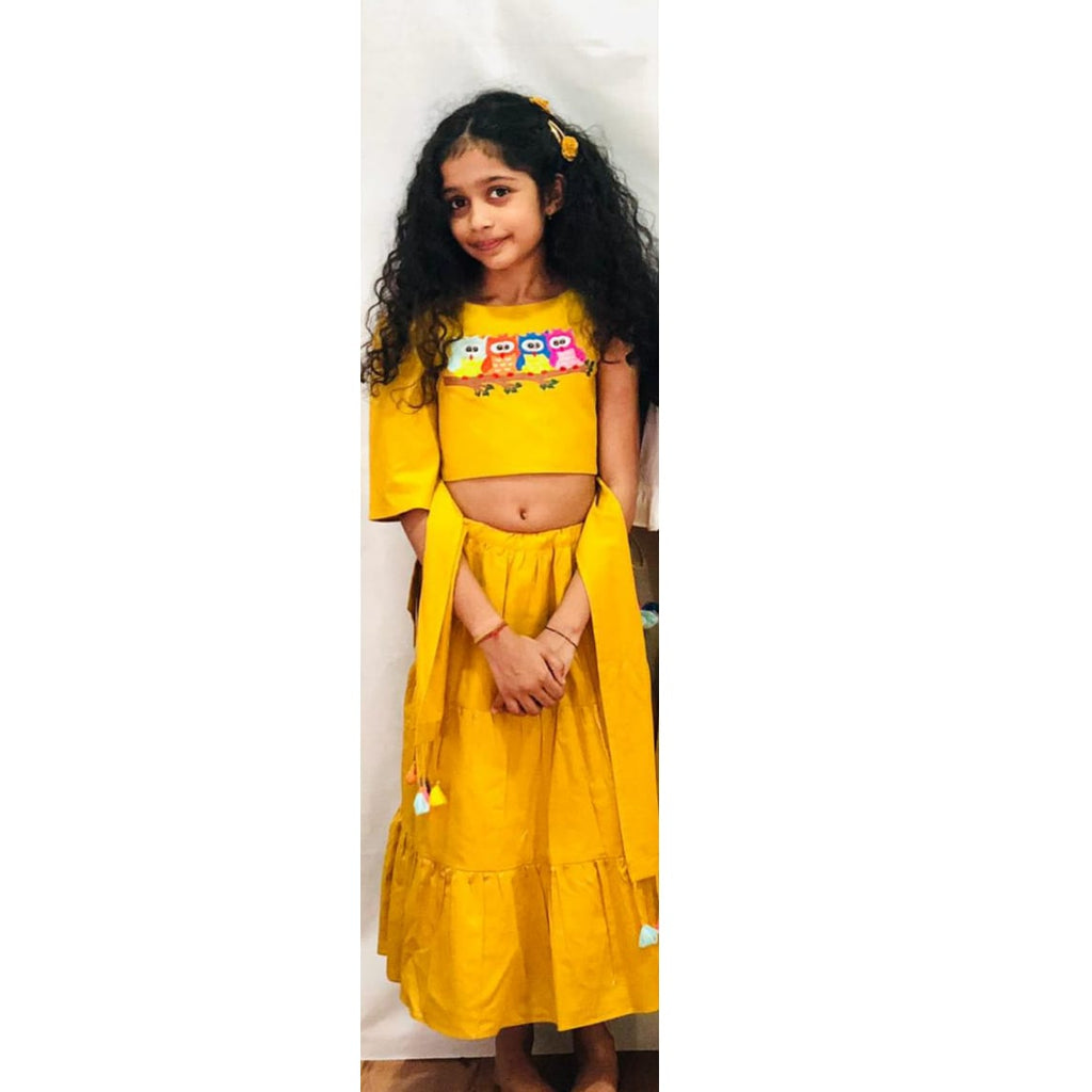ArthLife Owl Embroidery Mustard Yellow Ghagara Dress | Grab2Buy