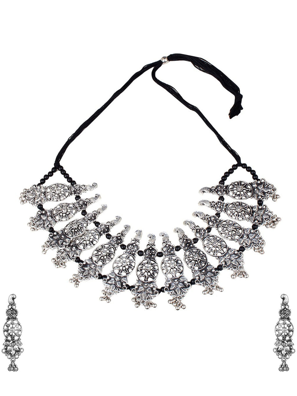 Cardinal Oxidised Silver-Plated Stone-Studded & Beaded Jewellery Set | Grab2Buy