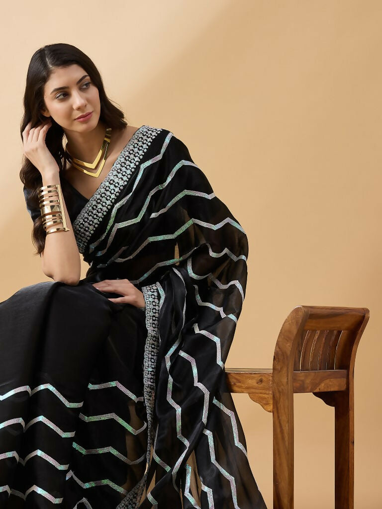 Black Tissue Slub Embroidered Saree with Unstitched Blouse - Vairagi | Grab2Buy